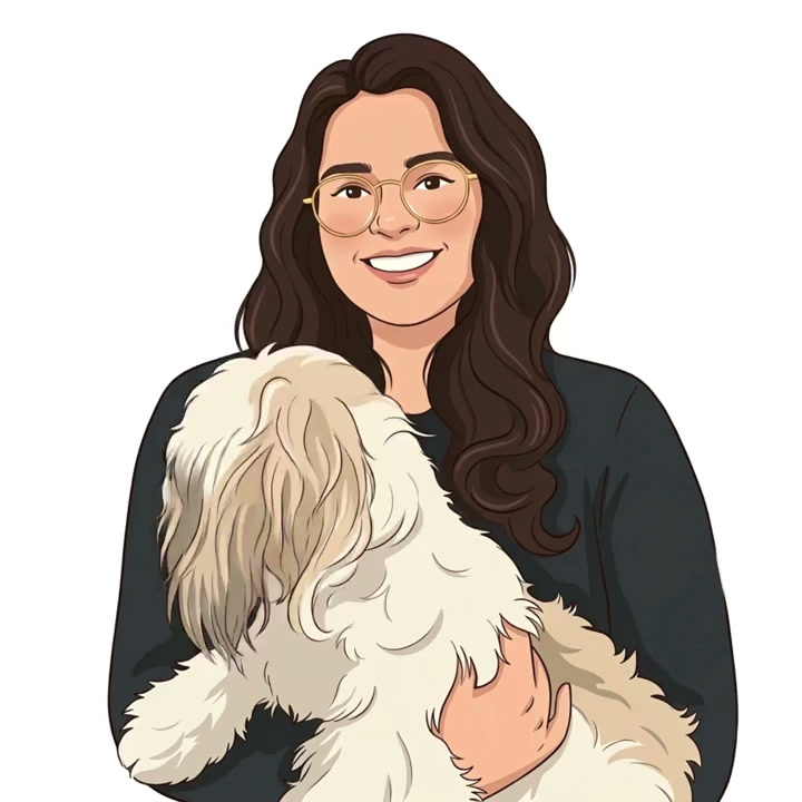 Illustration of Snehal smiling, hugging her fluffy dog Poochie